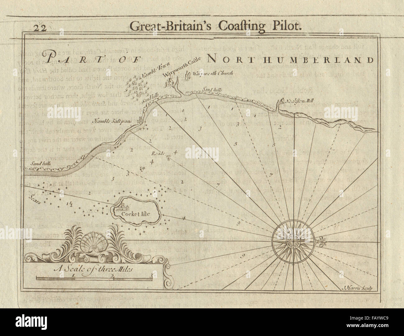 Coquet Island, camminate & Warksworth. Northumberland coast grafico. COLLINS c1774 mappa Foto Stock