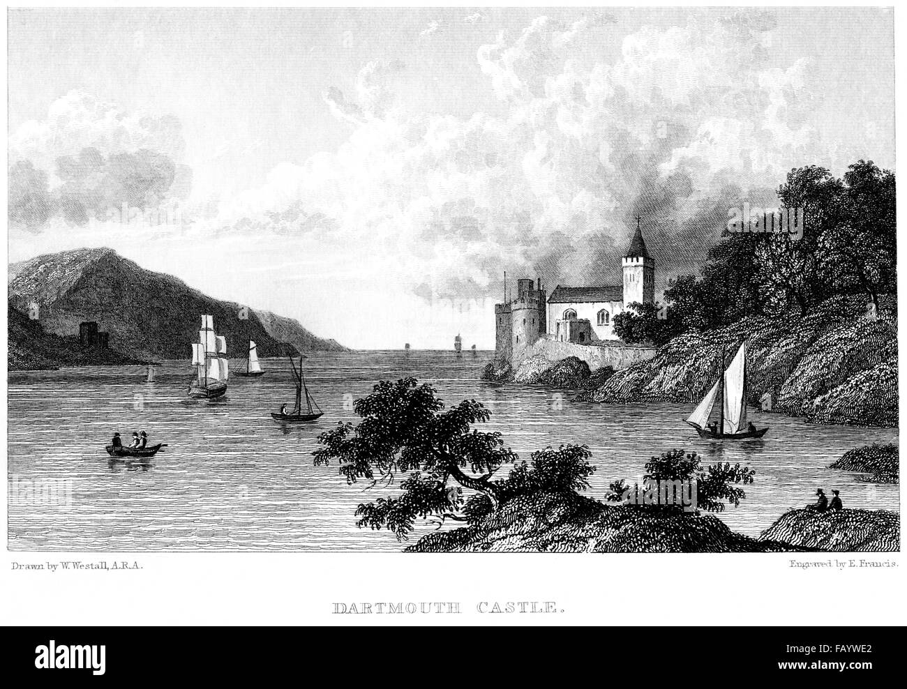 Una incisione di Dartmouth Castle scansionati ad alta risoluzione da un libro stampato in 1834. Ritiene copyright free. Foto Stock