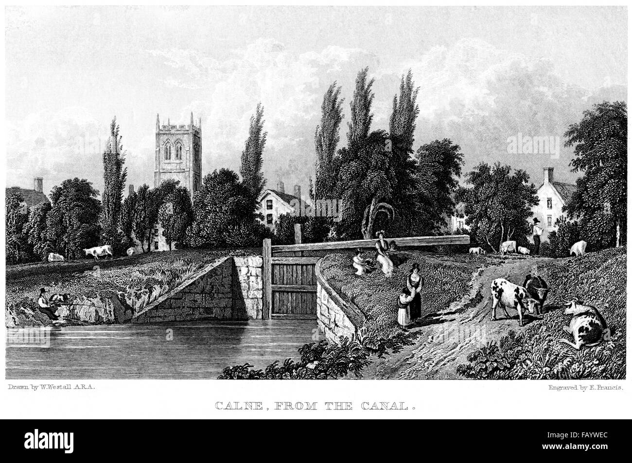 Una incisione di Calne dal Canal scansionati ad alta risoluzione da un libro stampato in 1834. Ritiene copyright free. Foto Stock