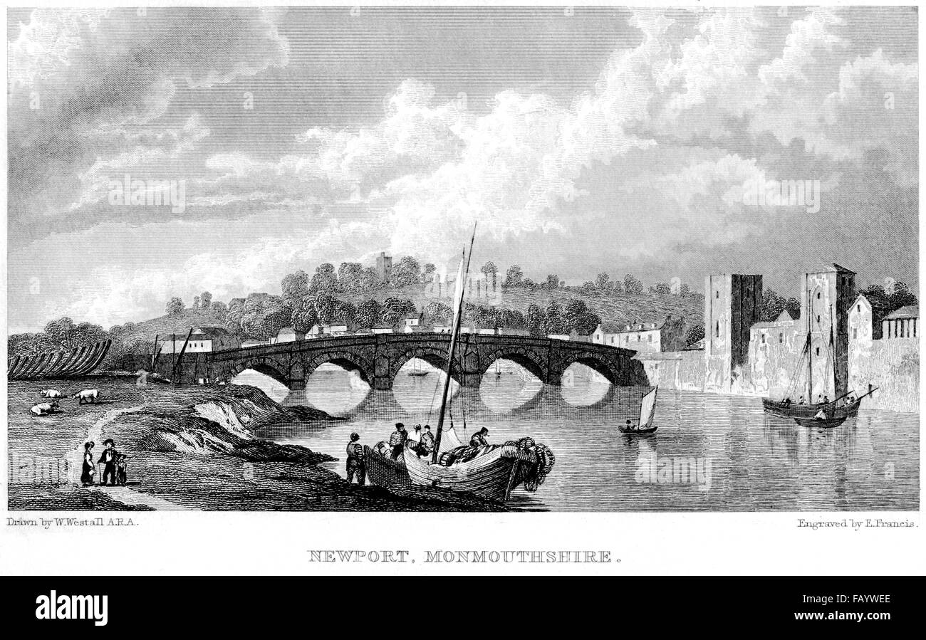Una incisione di Newport, Monmouthshire scansionati ad alta risoluzione da un libro stampato in 1834. Ritiene copyright free. Foto Stock