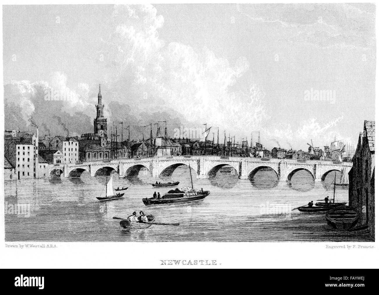 Una incisione del Fiume Tyne a Newcastle scansionati ad alta risoluzione da un libro stampato in 1834. Ritiene copyright free. Foto Stock