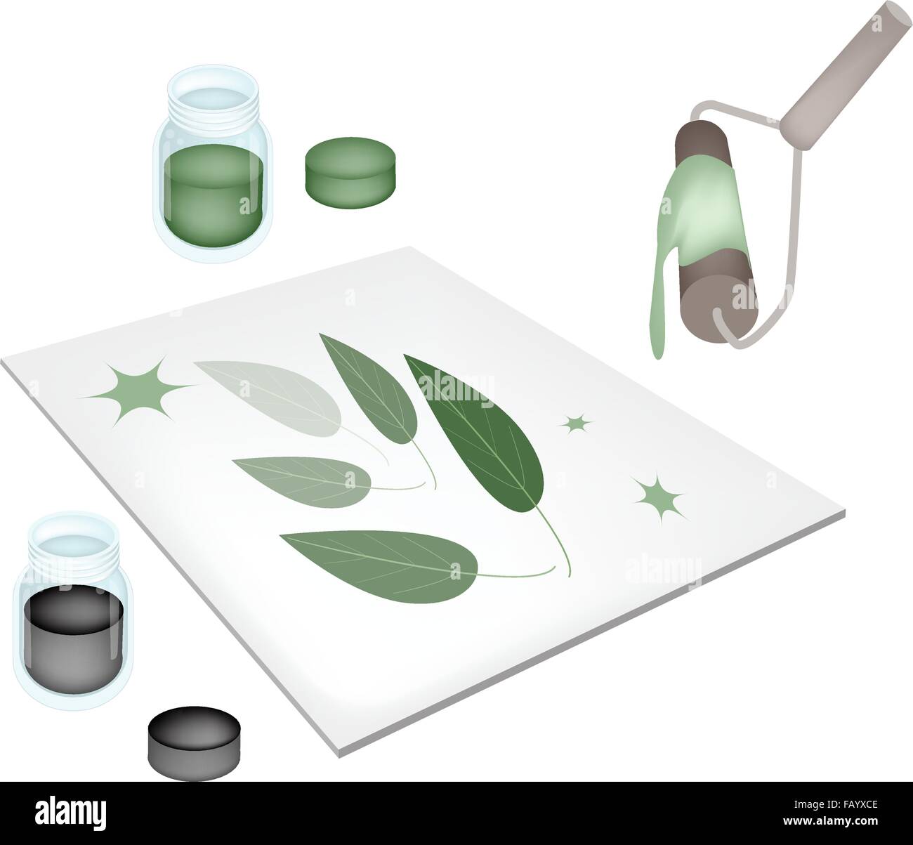 Processo di sfiato, artista Stampa di Schermo di foglie verdi dal rullo di vernice e inchiostro sul dispositivo di stampa isolati su sfondo bianco Illustrazione Vettoriale