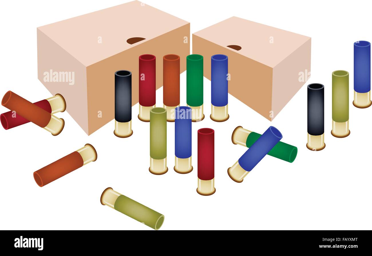 Accessorio pistola, un'illustrazione delle scatole di archiviazione e gusci di fucile in vari colori isolati su sfondo bianco. Illustrazione Vettoriale