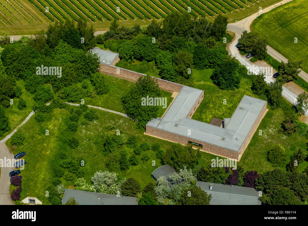 Vista aerea, arte giardino, il progetto di Karl-Heinrich Müller, collezionista d'arte, Langen Foundation, ex base NATO Foto Stock