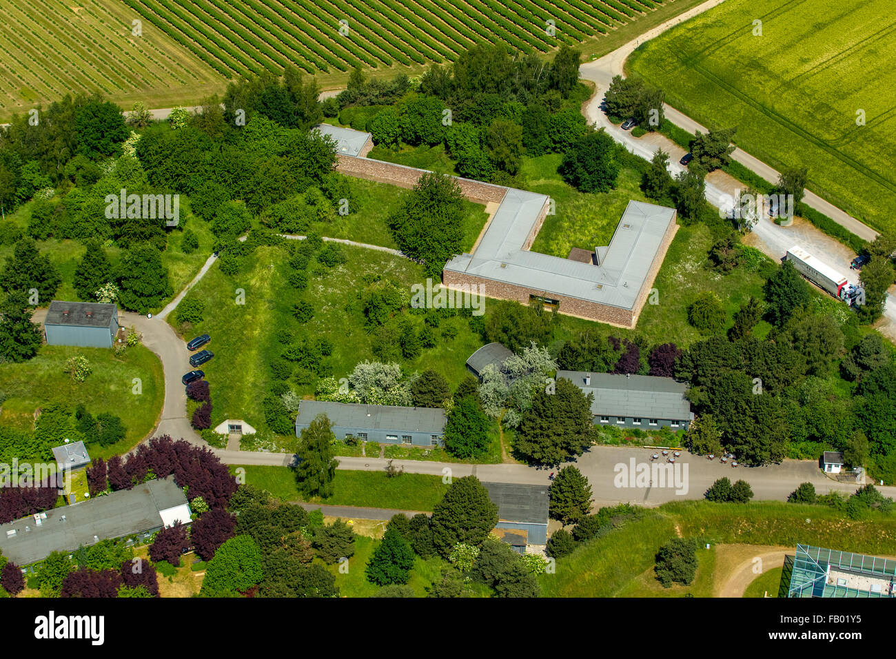 Vista aerea, arte giardino, il progetto di Karl-Heinrich Müller, collezionista d'arte, Langen Foundation, ex base NATO Foto Stock
