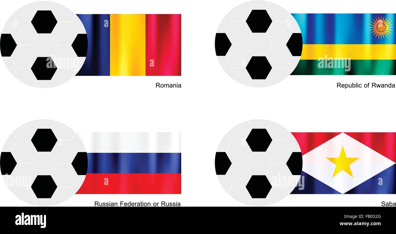 Una illustrazione di palloni da calcio o palloni da calcio con le bandiere della Romania, Ruanda, Federazione russa o la Russia e Saba su isolati su Illustrazione Vettoriale