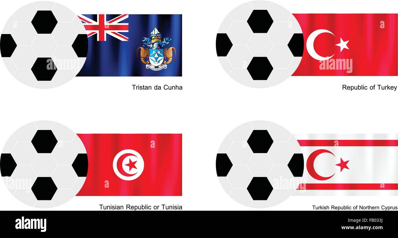 Una illustrazione di palloni da calcio o palloni da calcio con bandiere di Tristan da Cunha, Turchia, Repubblica tunisina o Tunisia e turco ri Illustrazione Vettoriale