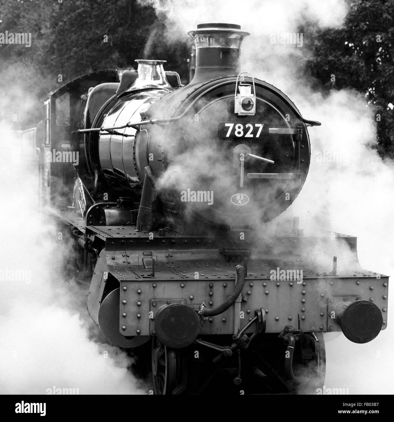 7827 Lydham Manor locomotiva a vapore passa un rastrello di carrelli a Paignton stazione sul Dartmouth Steam Railway, Devon Foto Stock