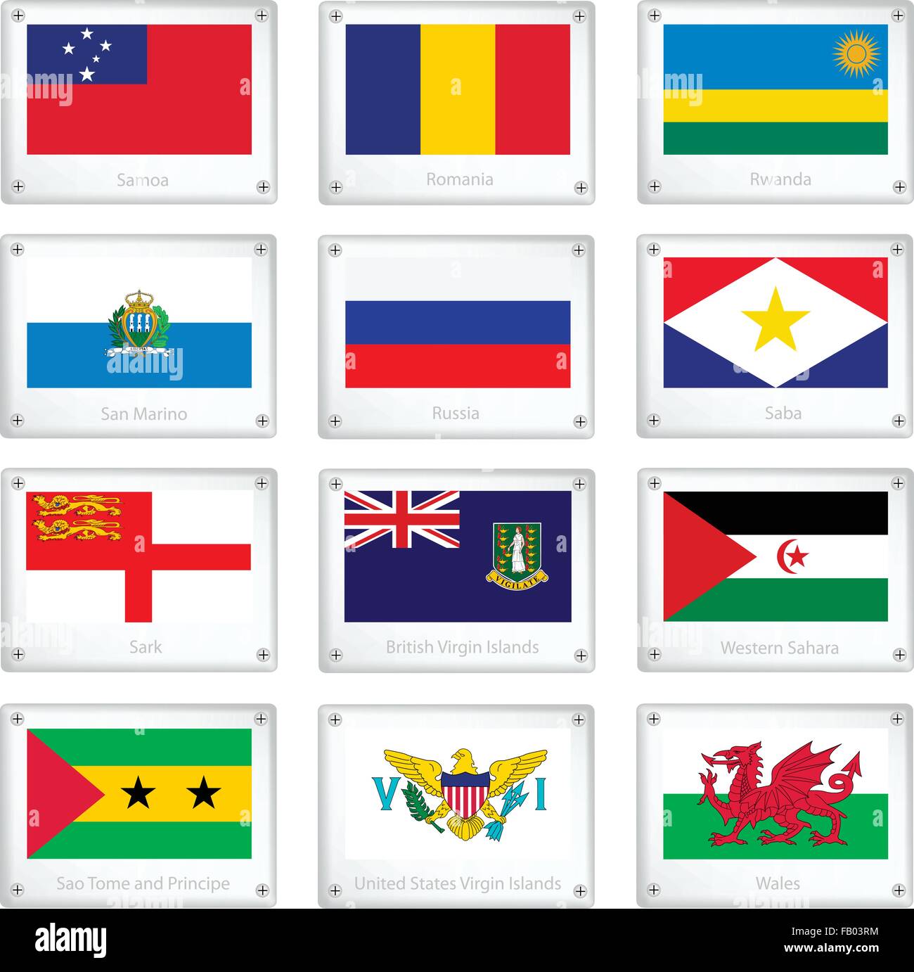 Bandiere nazionali di Samoa, Romania, Ruanda, Repubblica di San Marino, Russia, Saba, Sark, Sahara Occidentale, Sao Tome e Principe, Isole Vergini Illustrazione Vettoriale