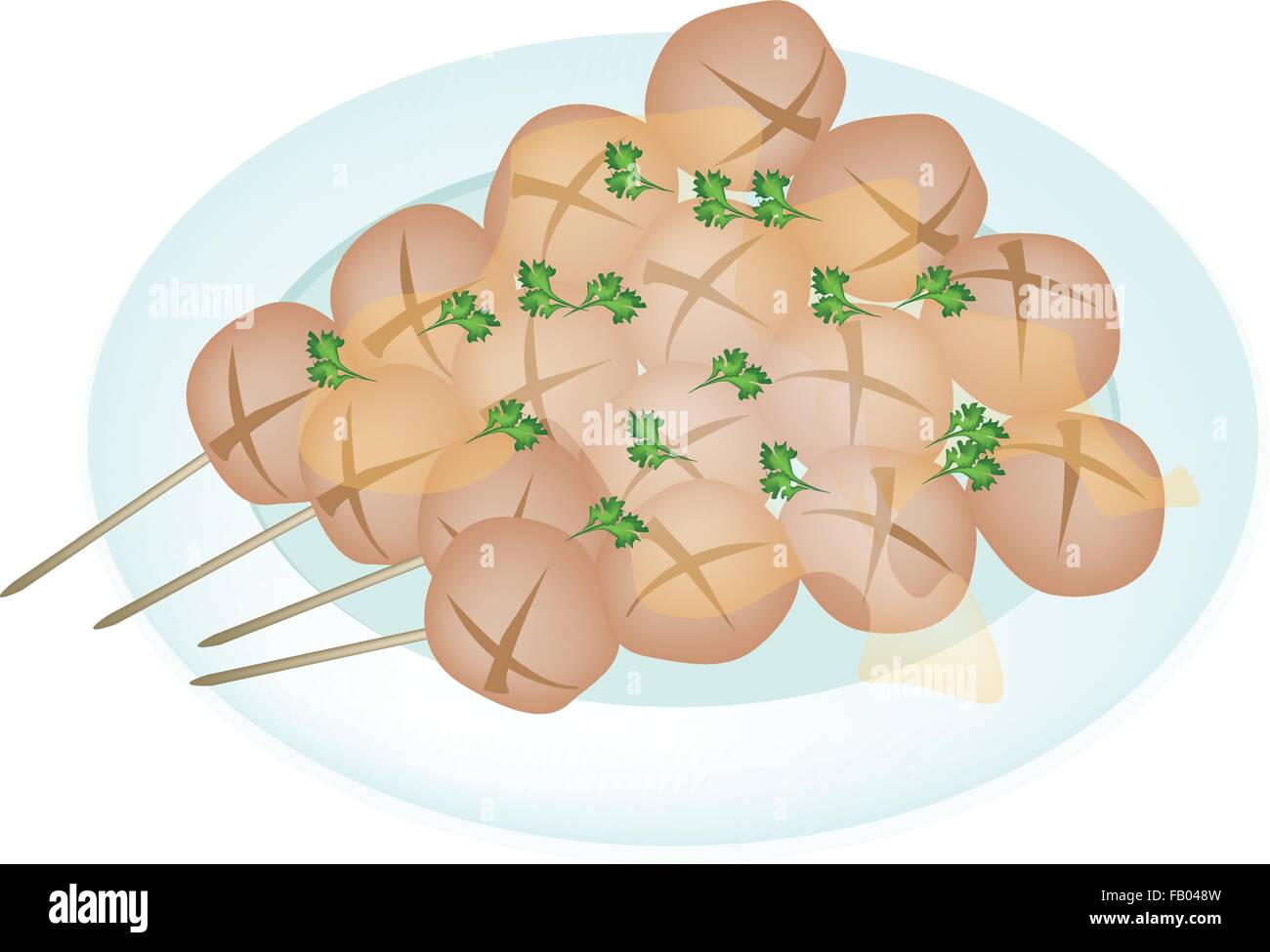 Cibo tailandese, illustrazione vettoriale di Thai Street Food polpetta alla griglia in un piatto bianco isolato su sfondo bianco. Illustrazione Vettoriale