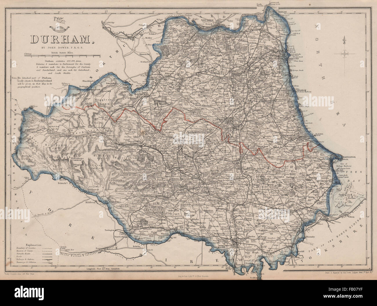 DURHAM. Sunderland Hartlepool. Antique county map. Le ferrovie. DOWER, 1862 Foto Stock