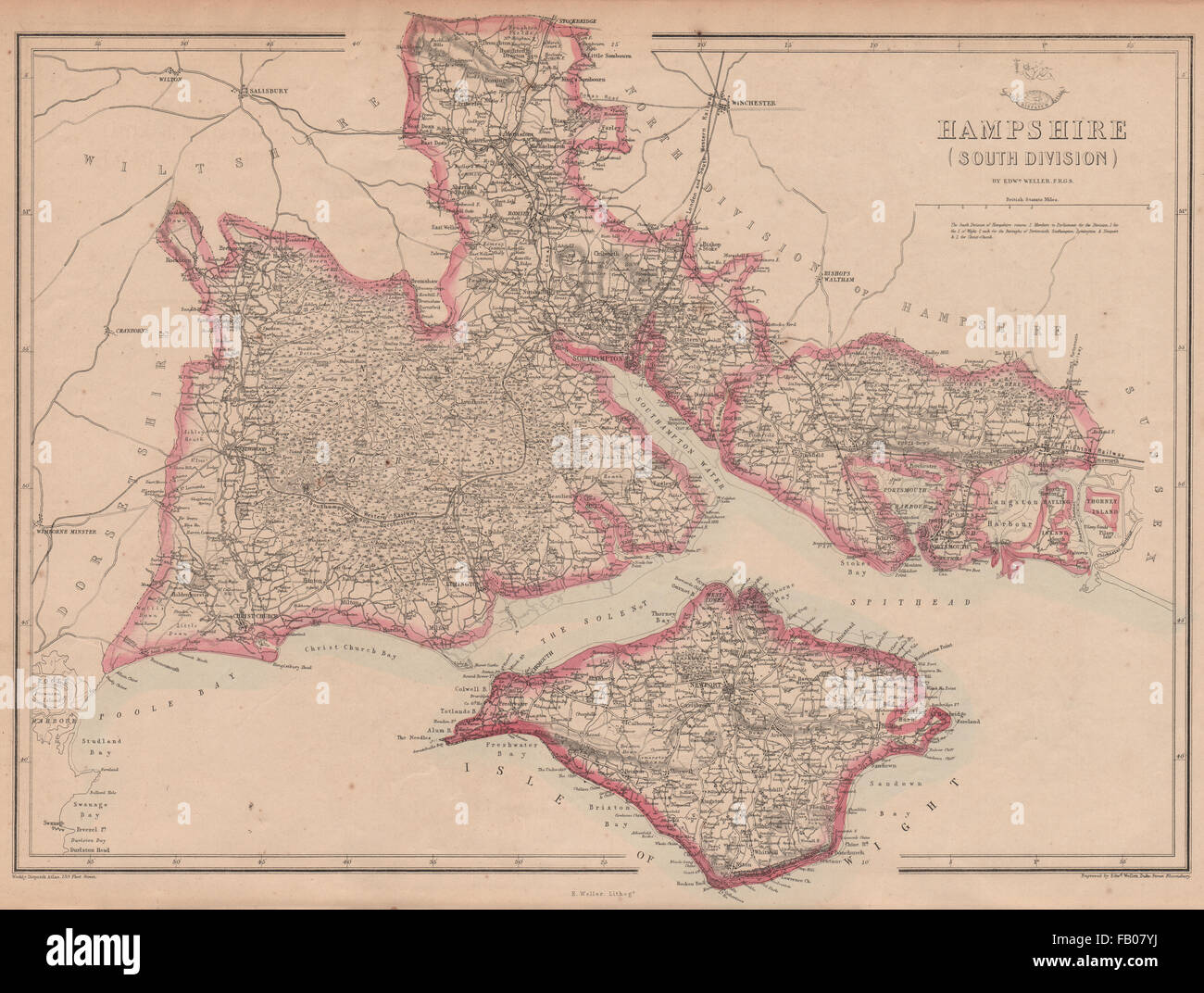 HAMPSHIRE a sud dell' Isola di Wight nuova foresta Southampton Portsmouth WELLER, 1862 Mappa Foto Stock