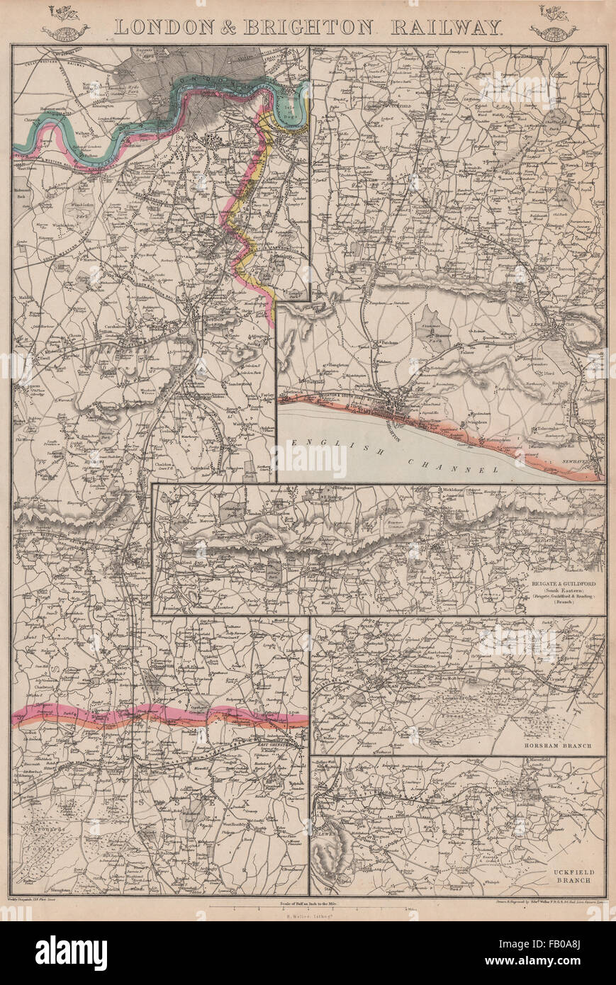 Londra e Brighton Railway. Reigate Guildford Horsham Uckfield. WELLER, 1862 Mappa Foto Stock