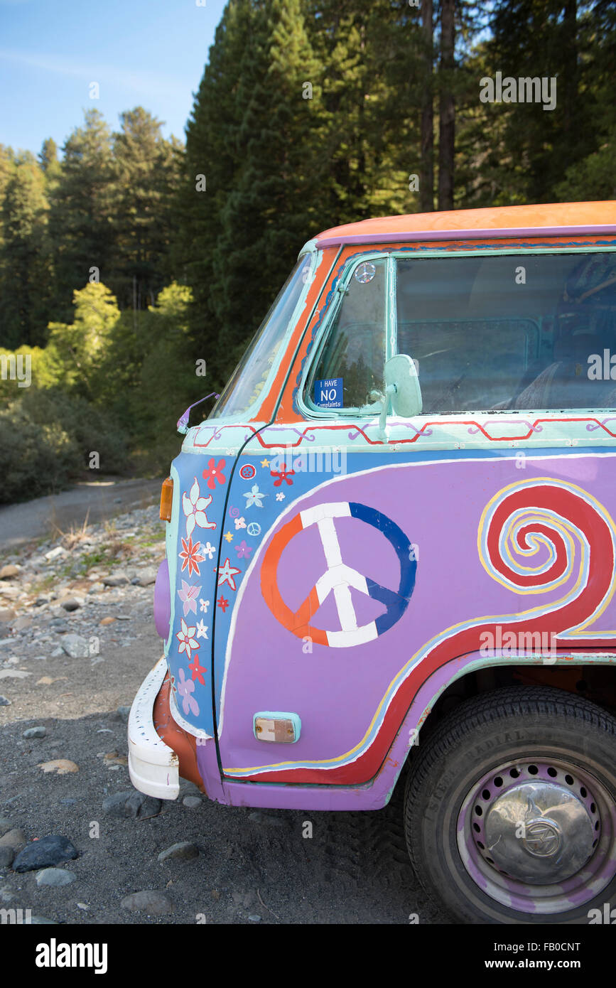 Un colorato autobus di Volkswagen dipinta in un psichedelico stile hippie presso Jebediah Smith Redwoods State Park nel nord della California. Foto Stock