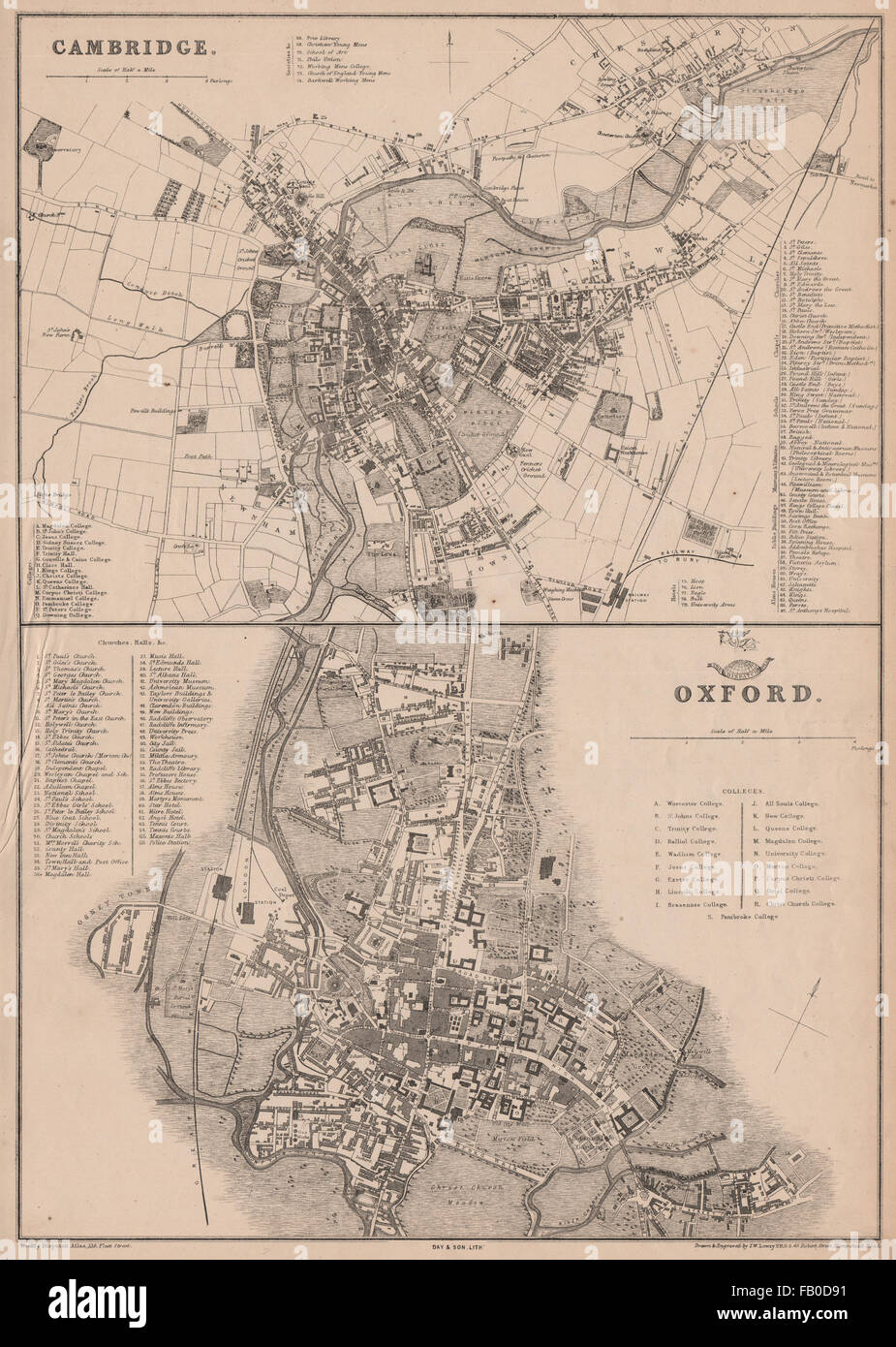 OXFORD e Cambridge. Città/city plan da JW LOWRY per la spedizione di Atlas, 1862 Mappa Foto Stock