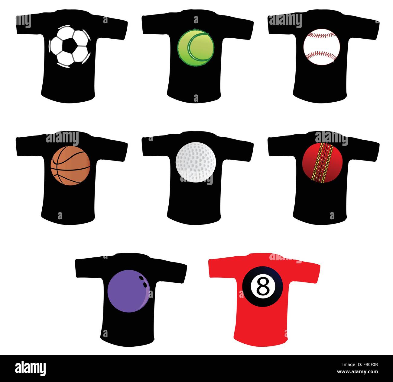 T shirt collezione con una varietà di sport popolari icone a sfera Illustrazione Vettoriale