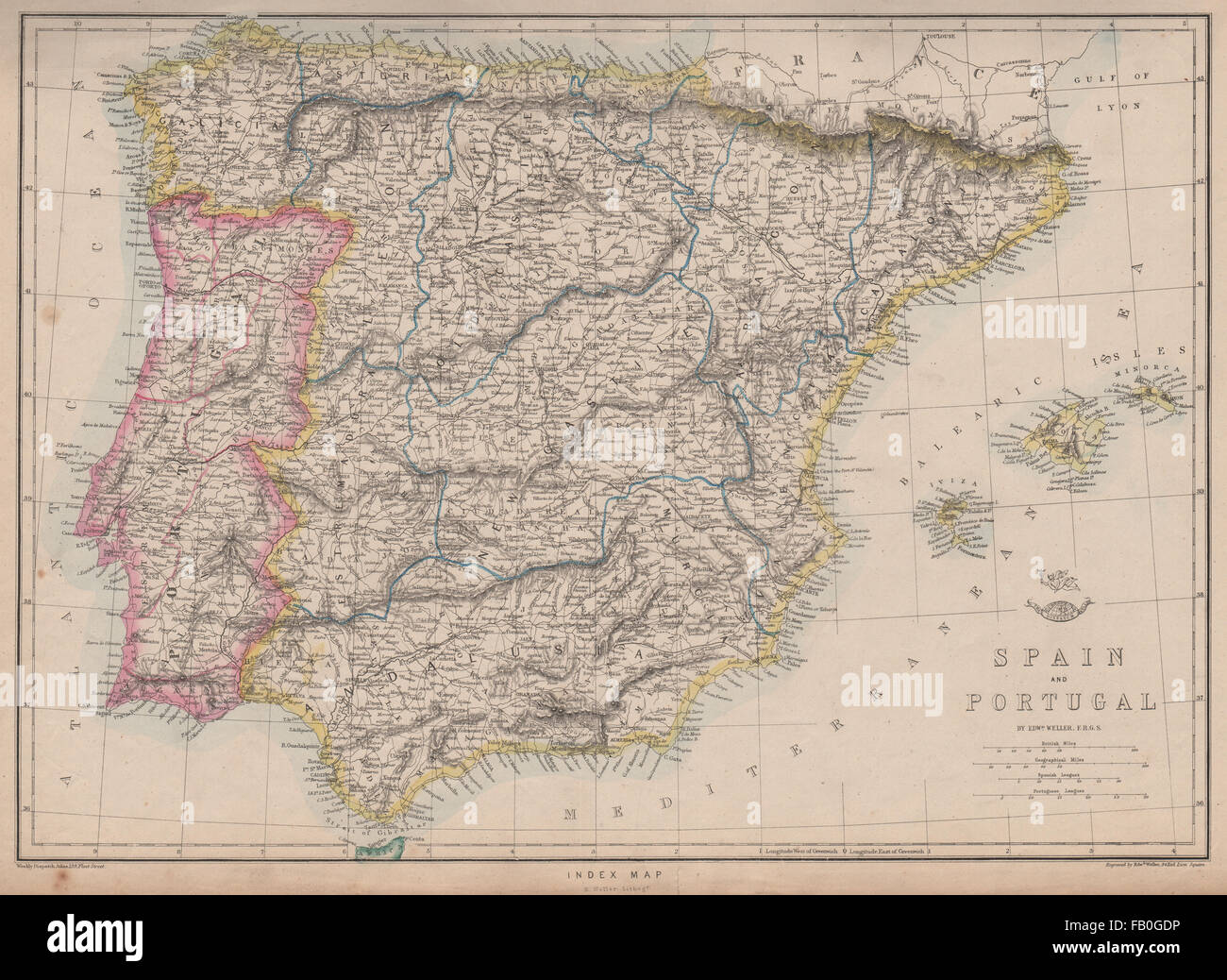 IBERIA. Mostra primi spagnolo e portoghese le ferrovie. WELLER. Spedizione, 1862 Mappa Foto Stock