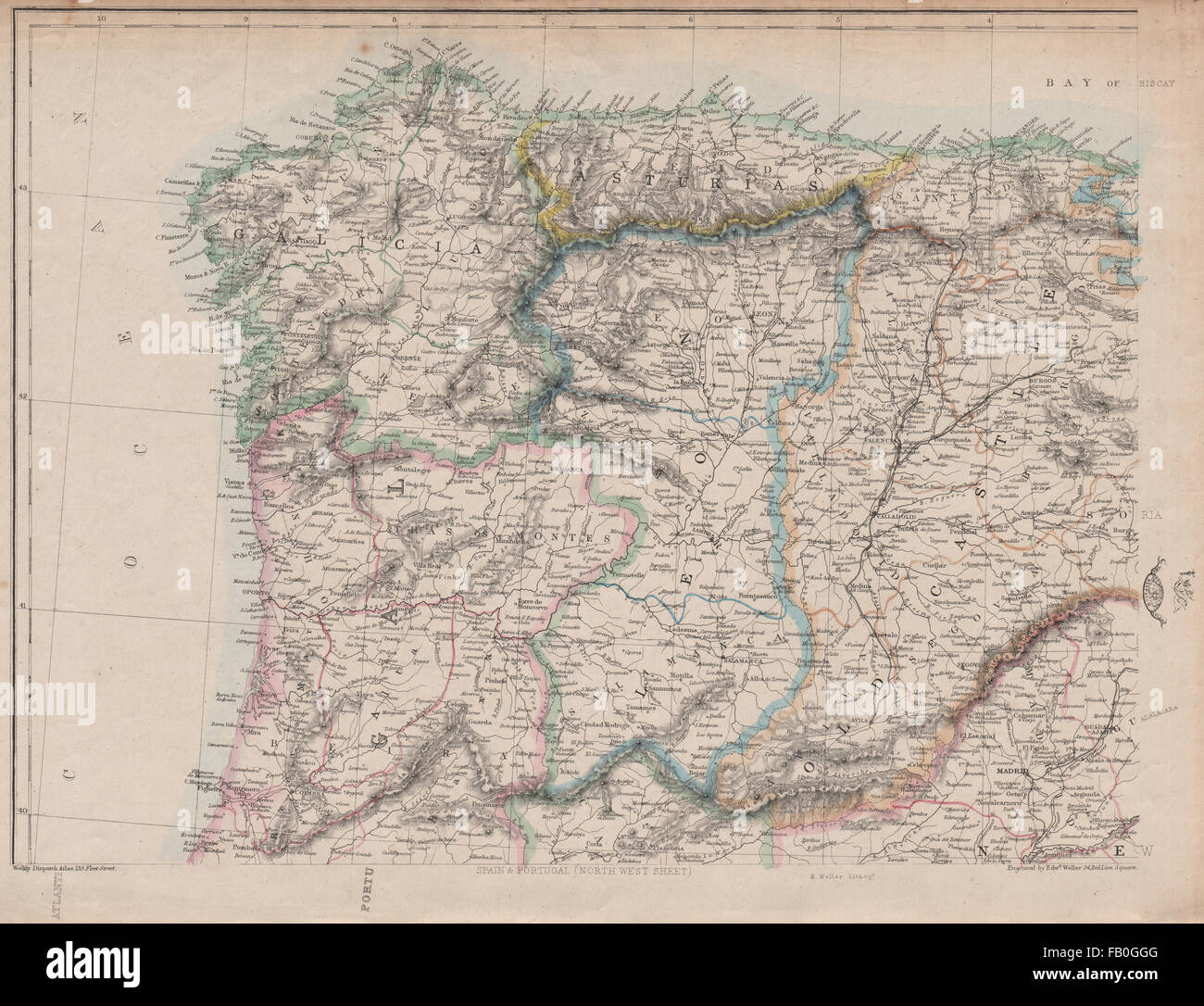 IBERIA NW. Galicia Asturias Oporto Leon Santander Castille. WELLER, 1862 Mappa Foto Stock