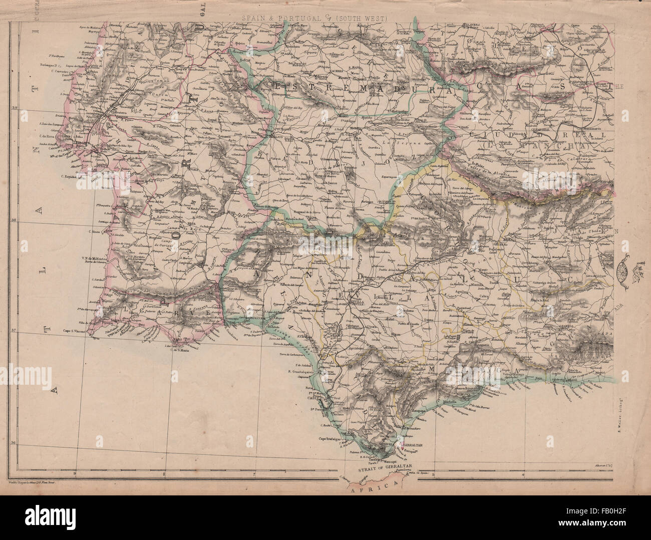 SW IBERIA Spagna Portogallo ferrovie Cadiz-Cordoba Lisbon-Santarem.WELLER, 1862 Mappa Foto Stock