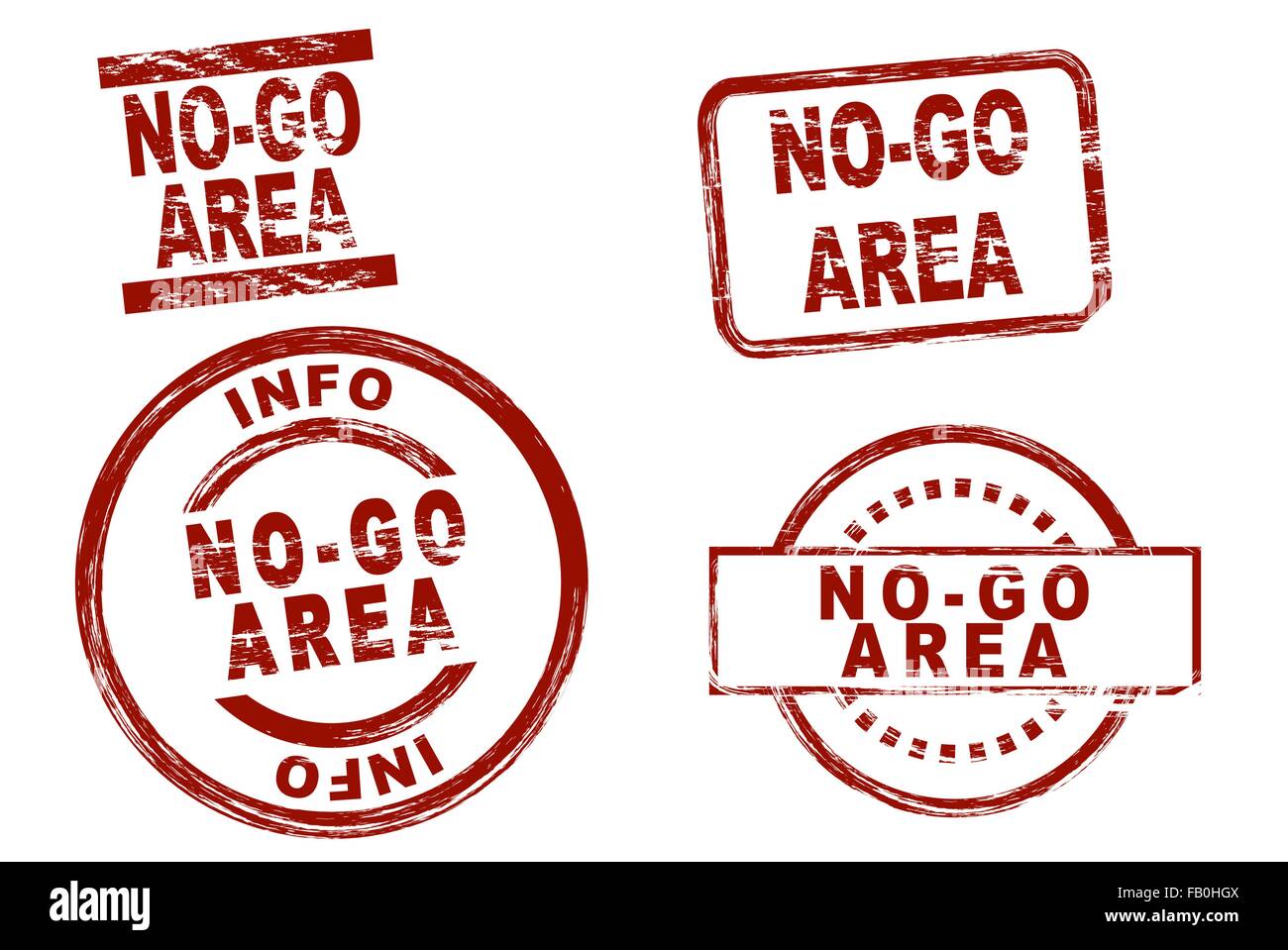 Set di inchiostro stilizzata timbri che mostra il termine no-go area. Illustrazione Vettoriale