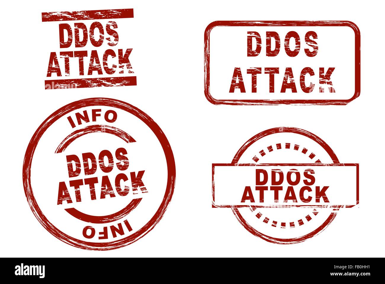 Set di inchiostro stilizzata timbri che mostra il termine attacco ddos. Illustrazione Vettoriale