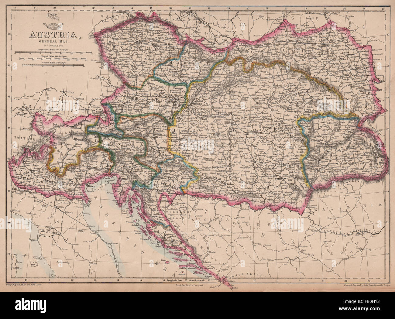 Impero Austriaco. Ungheria Boemia Moravia Lombardia Croazia Istria.DOWER, 1862 Mappa Foto Stock