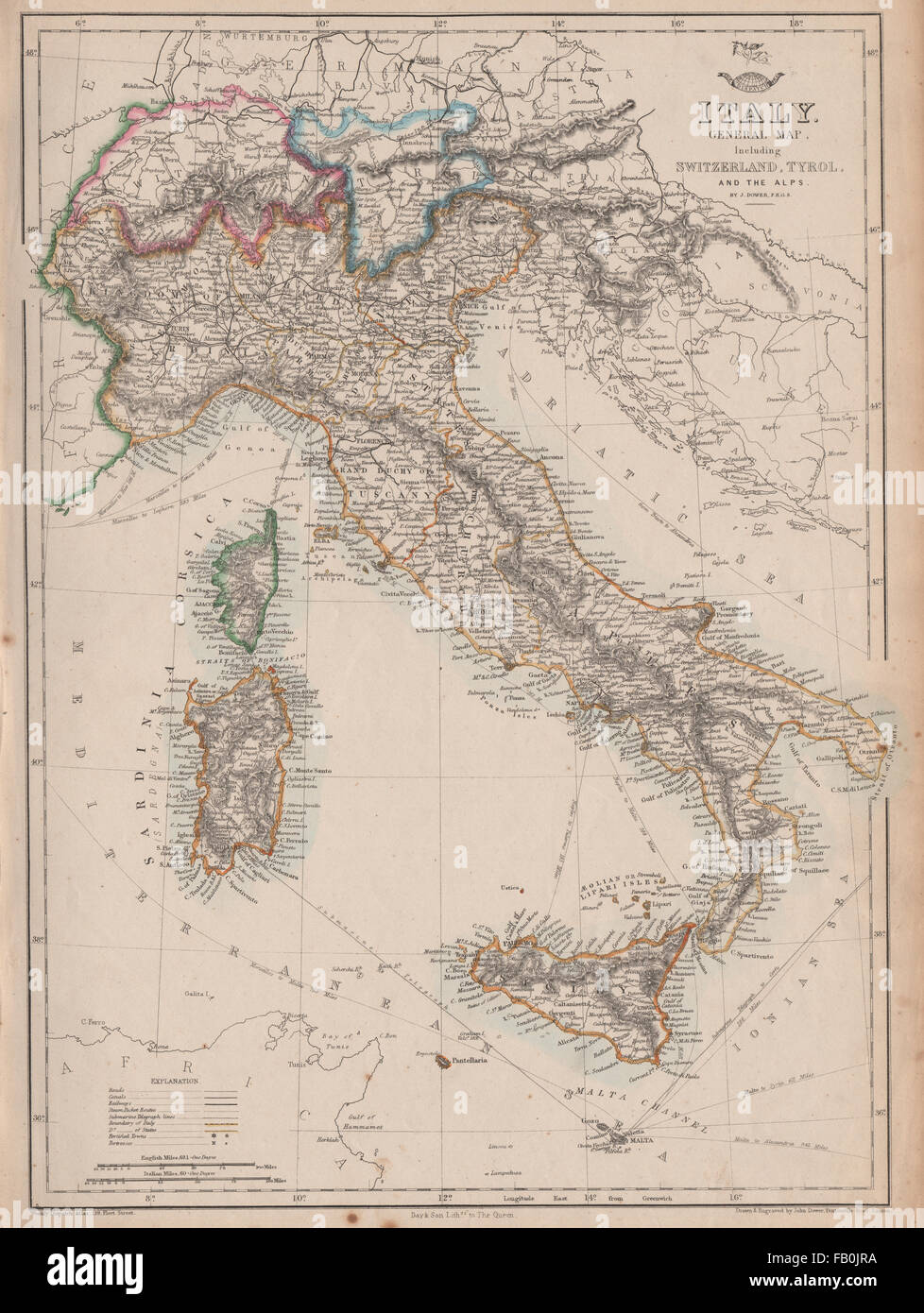 Italia Svizzera Alto Adige alpi. Unificazione Italiana.DOWER.spedizione atlas, 1862 Mappa Foto Stock