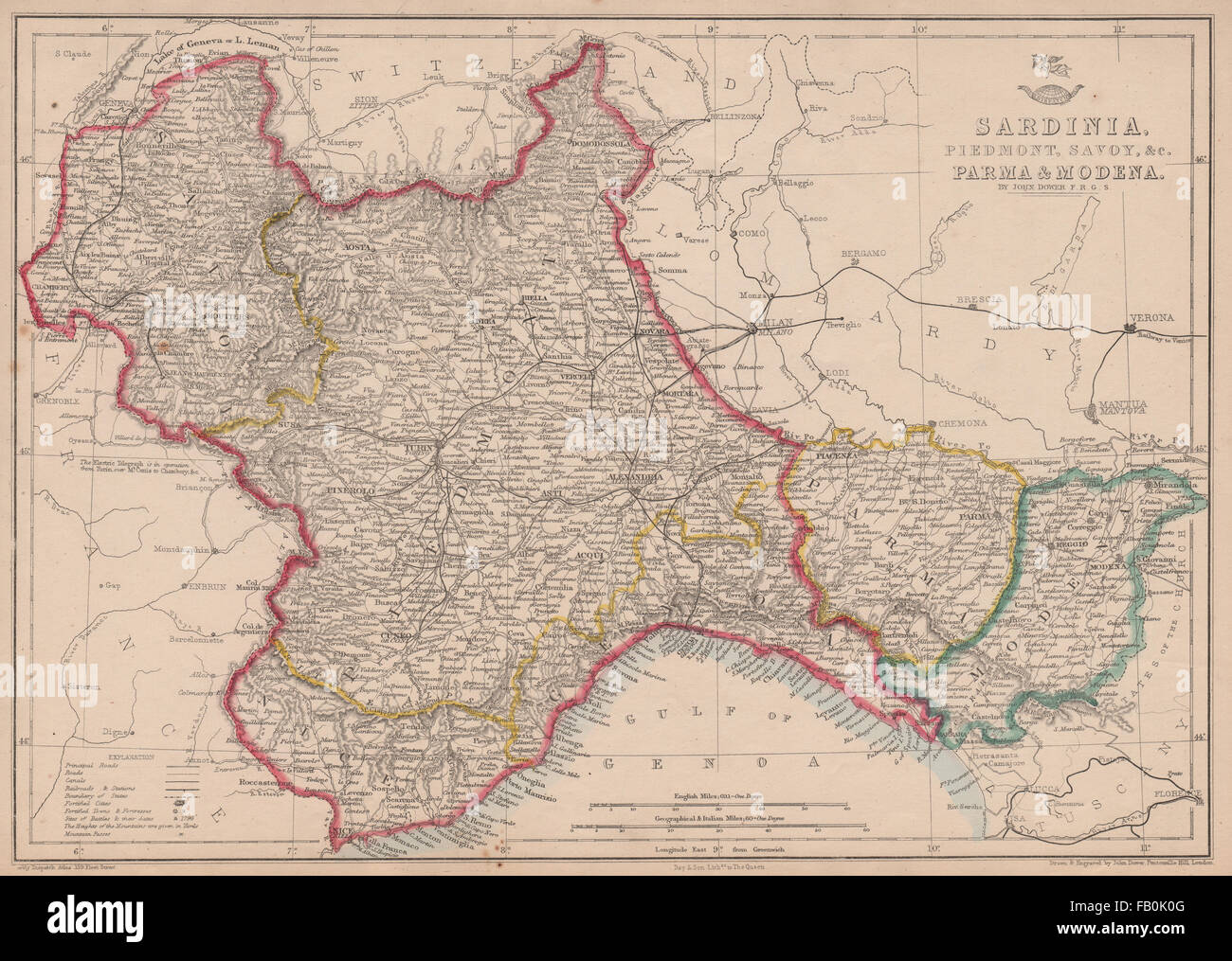 Regno di Sardegna. Il Piemonte sabaudo Modena Parma Comté de Nice. DOWER, 1862 Mappa Foto Stock