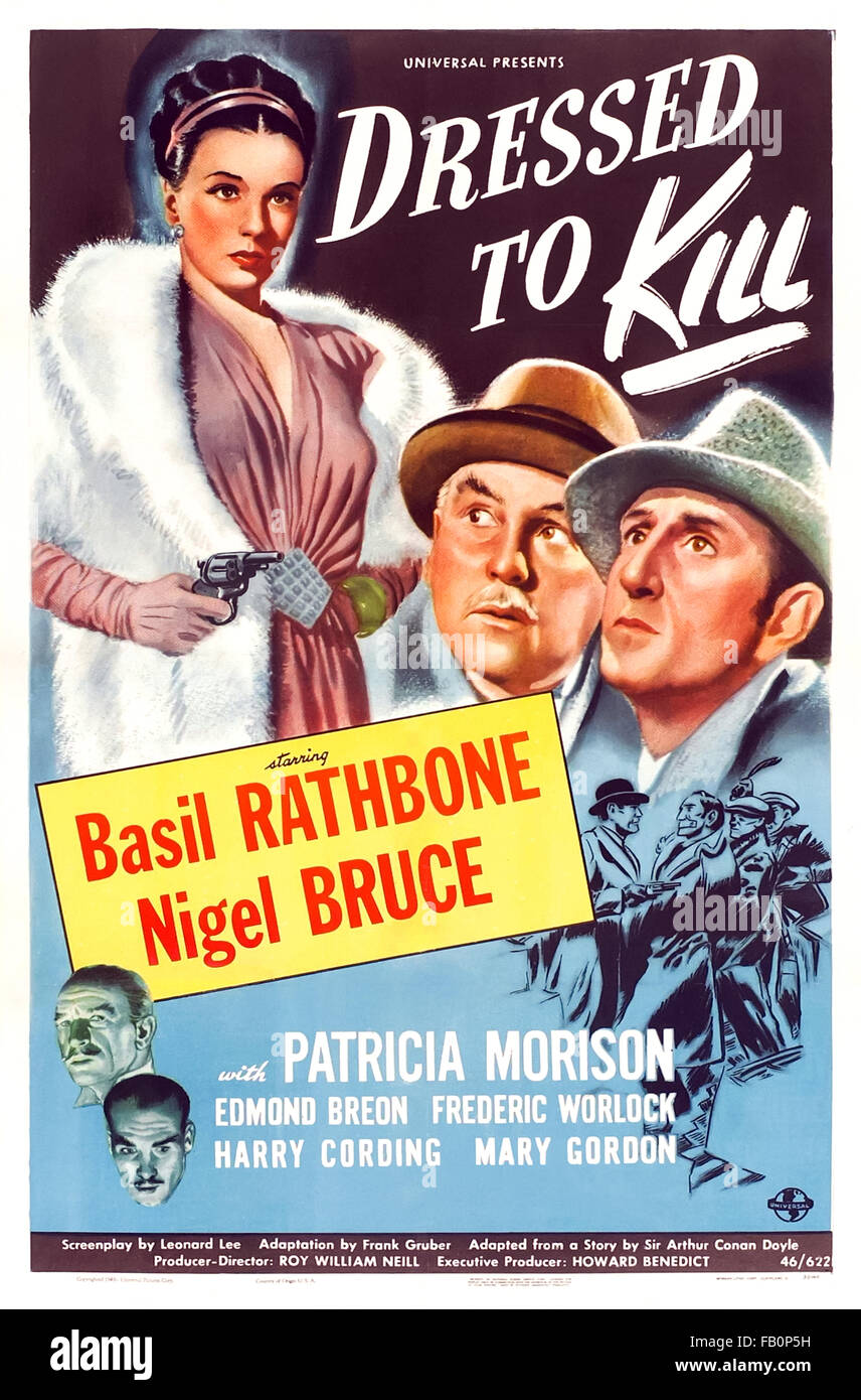 Poster per 'Dressed ad uccidere" 1946 Sherlock Holmes film diretto da Roy William Neill e interpretato da Basil Rathbone (Holmes); Nigel Bruce (Watson) e Patricia Morison (Hilda Courtney). Foto Stock