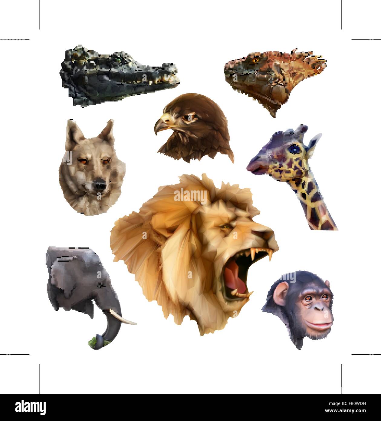 Teste di animali, bassa poli icone di stile impostato Illustrazione Vettoriale