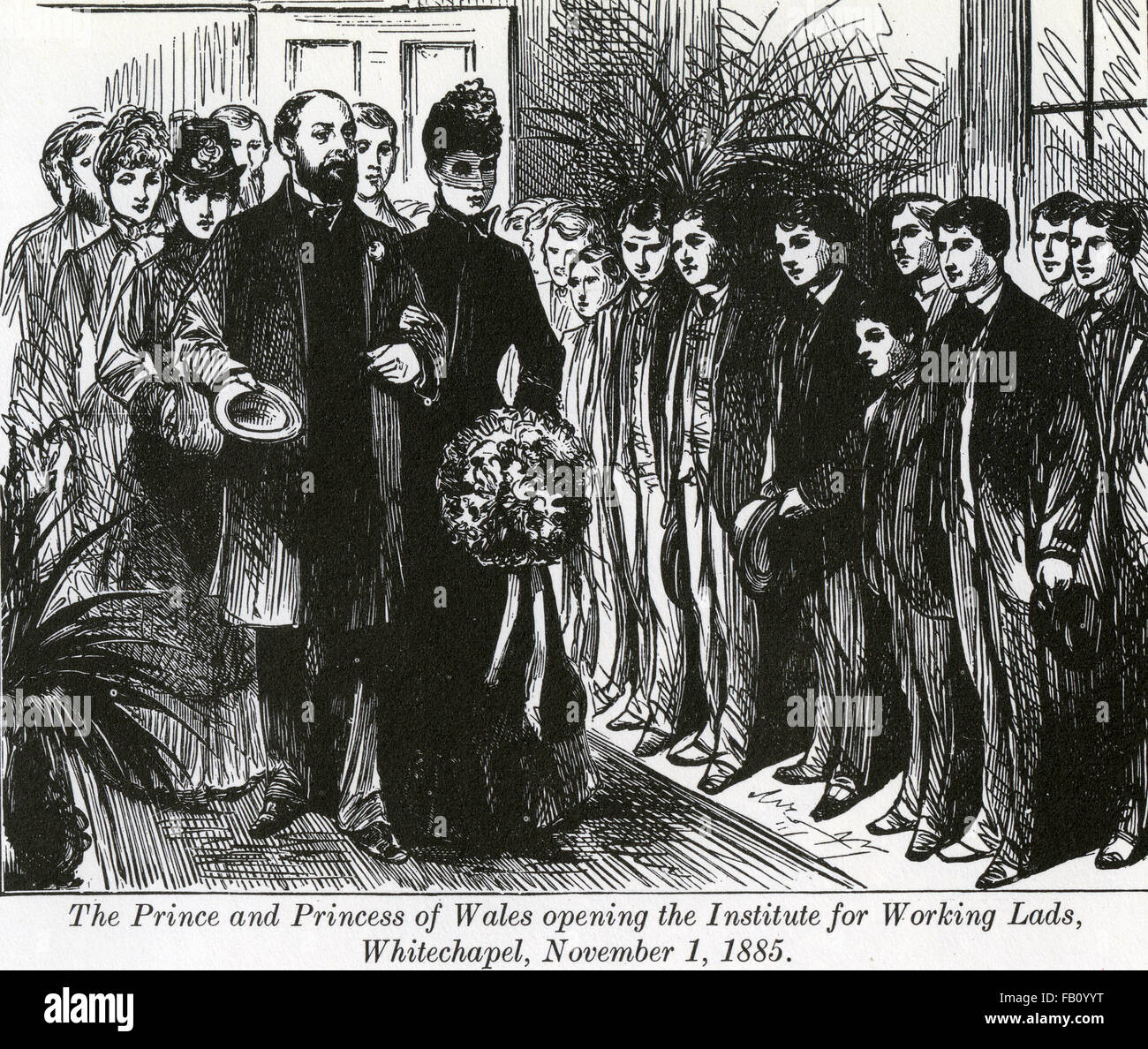 La povertà vittoriana il principe e la Principessa di Galles apertura l'Istituto per la lavorazione dei lads in a 137 Whitechapel Road, Londra, il 1 novembre 1885 Foto Stock