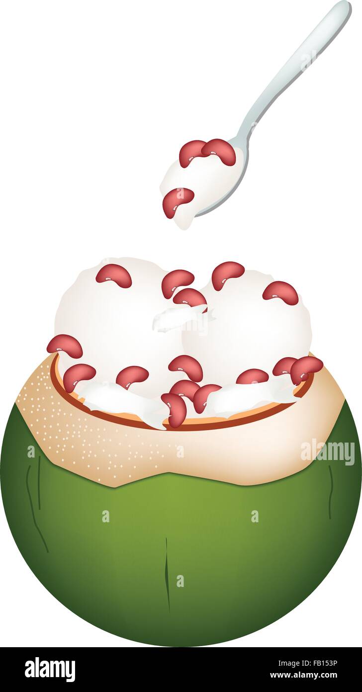 Dolci e Dessert, una illustrazione di noci di cocco Gelato di guscio di noce di cocco e guarnita con i fagioli borlotti. Illustrazione Vettoriale