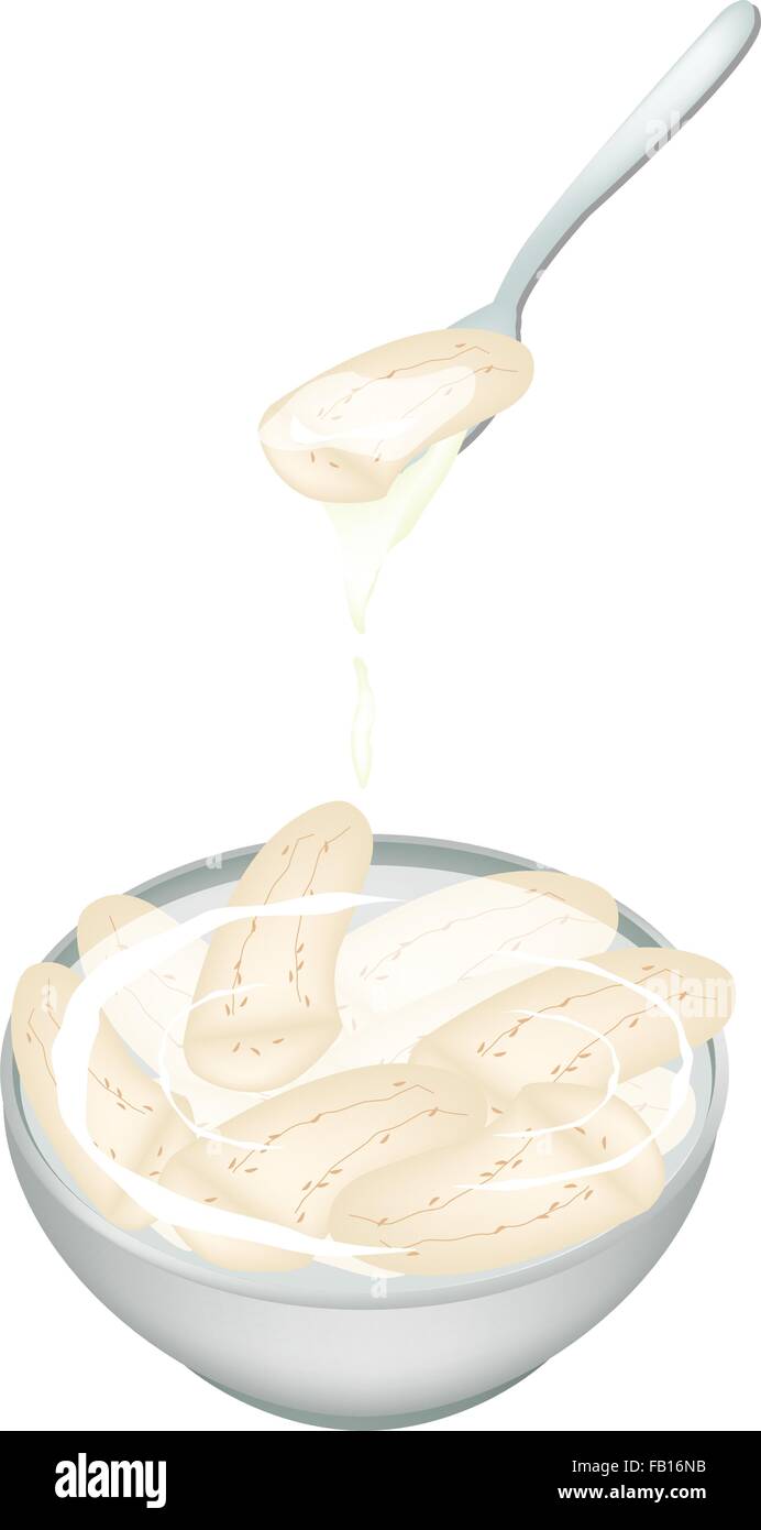 Thai dessert, una illustrazione di Sweet banana matura bollito in latte di cocco in una ciotola bianco isolato su sfondo bianco. Illustrazione Vettoriale