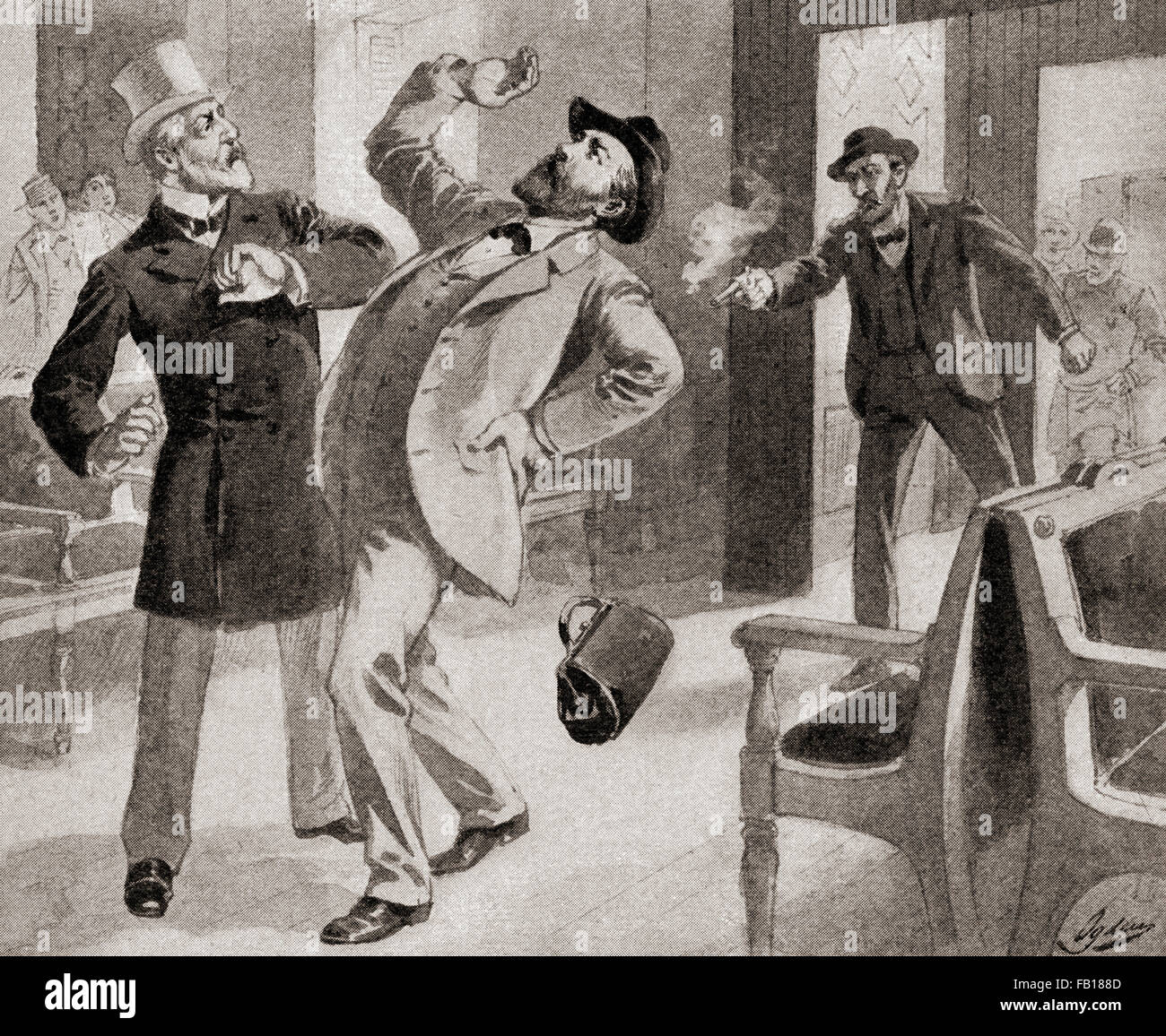 L'assassinio del presidente Garfield a Baltimora e Potomac Railroad Station, Washington D.C., America il 2 luglio 1881, da Charles Julius Guiteau. Il segretario di Stato James G. Blaine si erge a sinistra dell'immagine. James Abram Garfield, 1831 - 1881. Ventesimo Presidente degli Stati Uniti. Charles Julius Guiteau, 1841 - 1882. Lo scrittore americano e avvocato. James Gillespie Blaine, 1830 - 1893. Statista americano e candidato repubblicano. Foto Stock