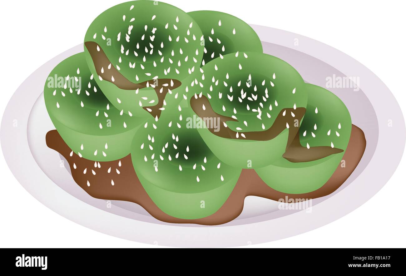 Il dessert e dolci, colori verdi di Riso al vapore Budino ricavato dalla farina di riso e farina di Tapioca servita con zucchero di canna Syru Illustrazione Vettoriale