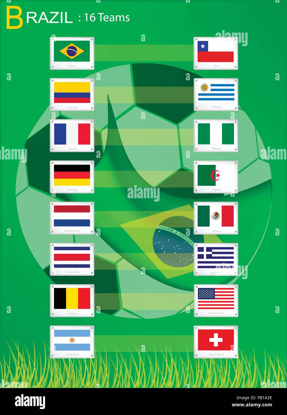 Brasile 2014, le bandiere di 16 nazioni di calcio o il campionato di calcio nel Torneo finale in Brasile. Illustrazione Vettoriale