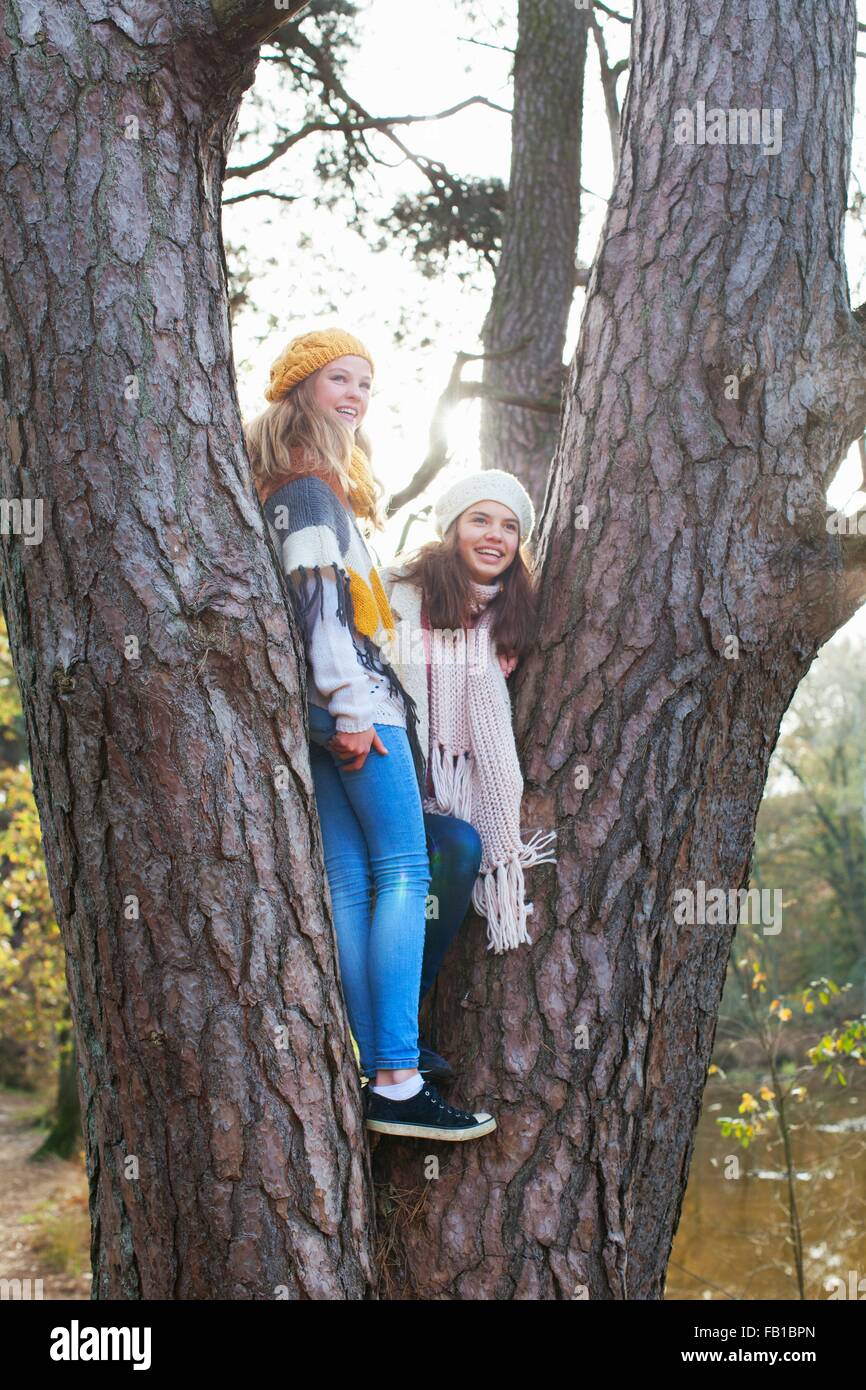 Le ragazze adolescenti in piedi nella struttura ad albero che guarda lontano sorridente Foto Stock