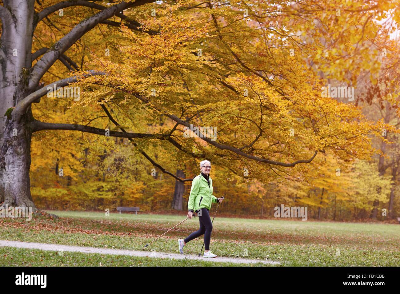 Femmina Senior Nordic Walker passeggiate nel parco di autunno Foto Stock