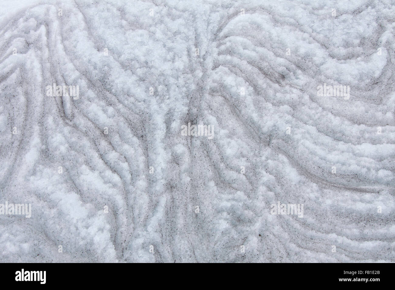 Dettaglio mostrante pranzo formazione di neve a strati con sporcizia / massa nella lastra di ghiaccio sul ghiacciaio Foto Stock