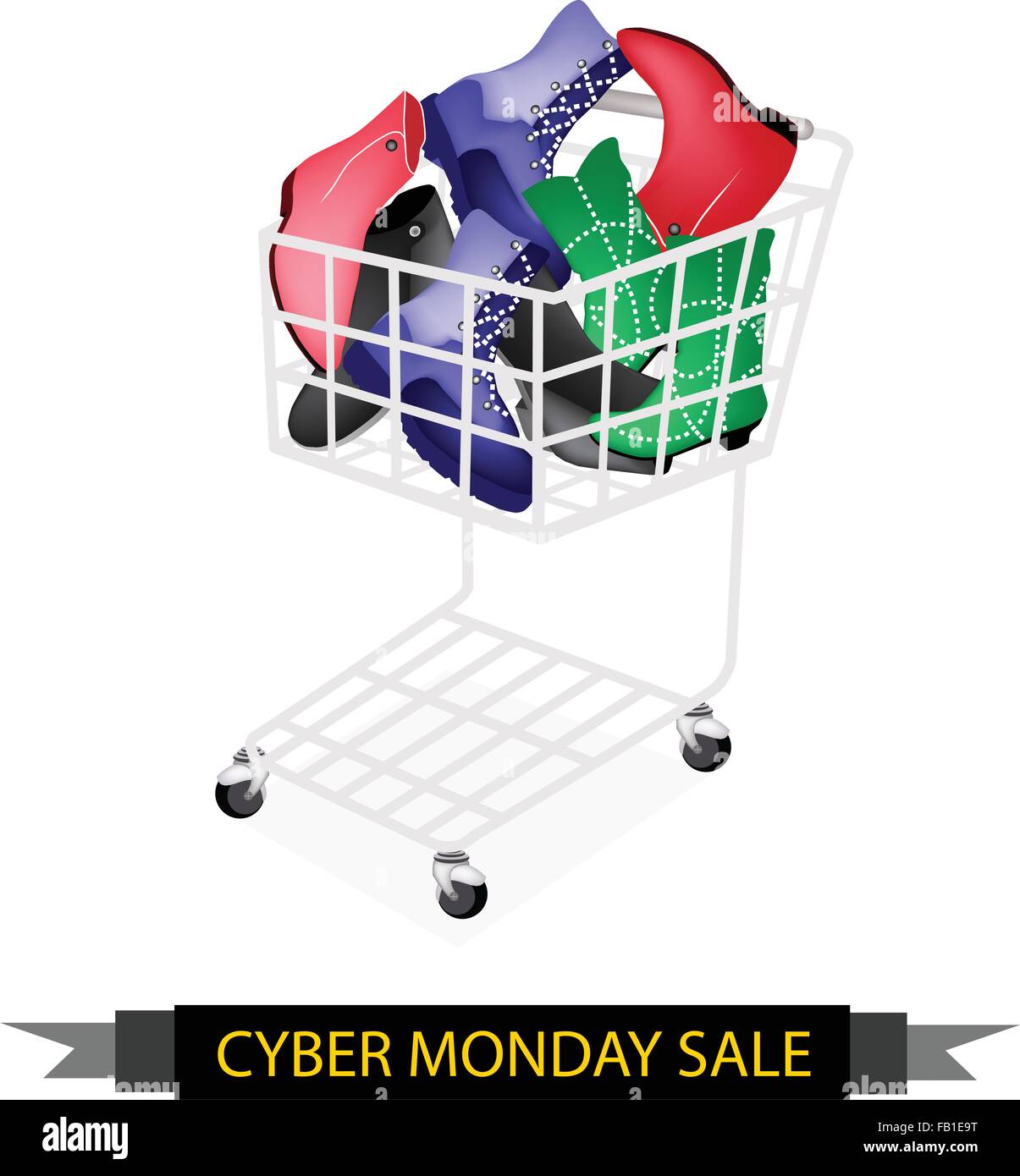 Cyber lunedì Carrello pieno con vari stili di moda donna stivaletto per venerdì nero stagione di shopping e più grande Illustrazione Vettoriale