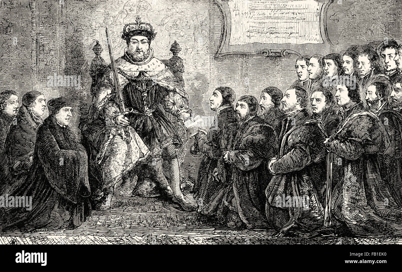Henry VIII presenta il Barber-Surgeons' Company di carta al primo Master, XVI secolo Foto Stock