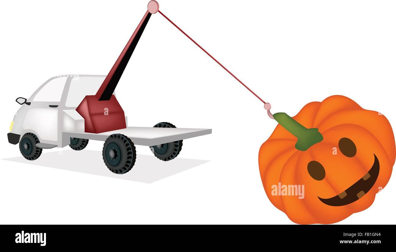Auto Wrecker Carroattrezzi, camion di recupero, ripartizione autocarro o una ripartizione carrello recuperare Happy Jack-o-Lantern Zucche di Halloween Illustrazione Vettoriale