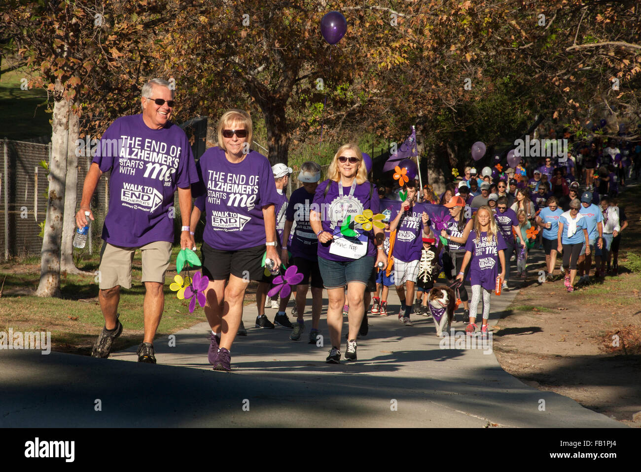 I partecipanti in una raccolta fondi di beneficenza per le vittime dell'Alzheimer a piedi in una Laguna Niguel, CA, parco. Nota viola commemorative T-shirt assegnati per le donazioni. Foto Stock