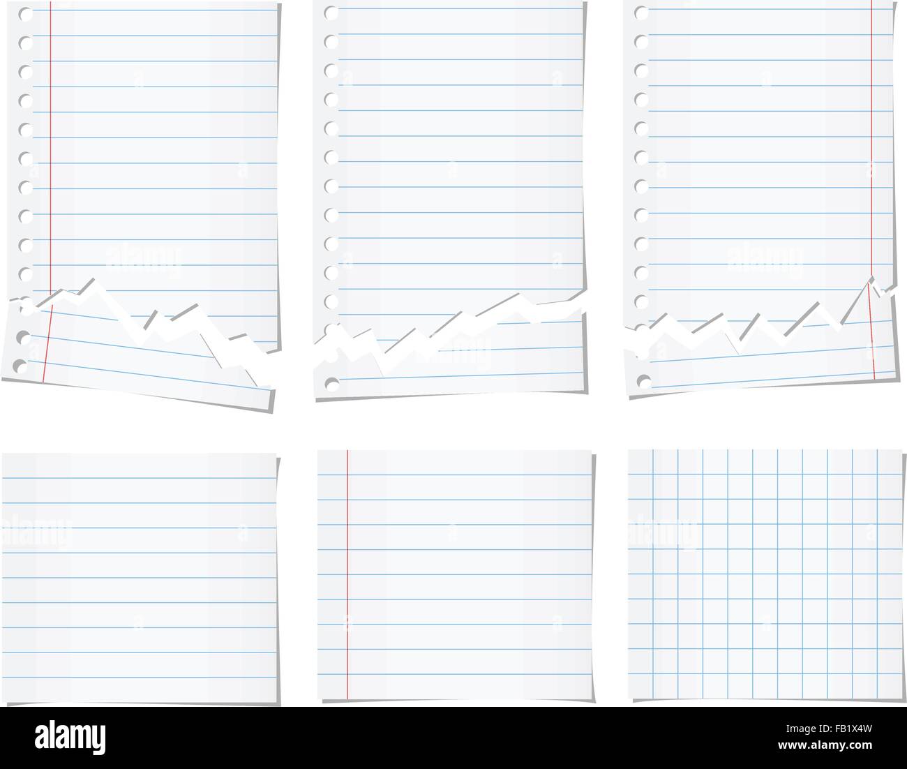 Set di bianco per notebook strappato carta con linee blu Illustrazione Vettoriale