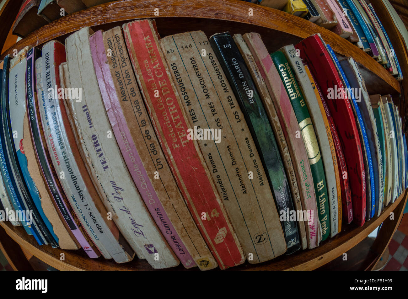 Primo piano di una libreria con il vecchio libro spagnolo Foto Stock