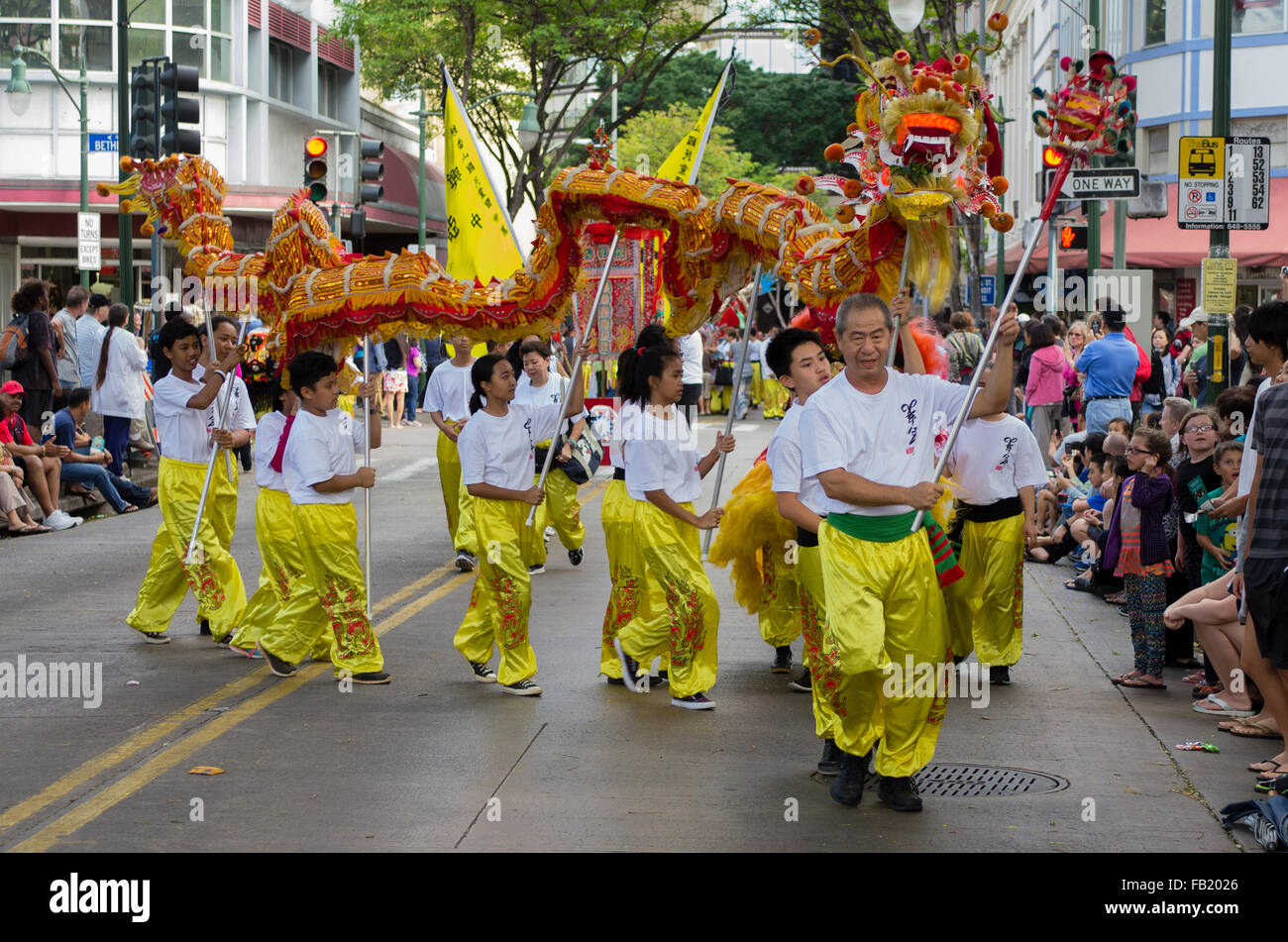 Dragon danza; Anno Nuovo Cinese parade, 'Notte in Chinatown". Foto Stock