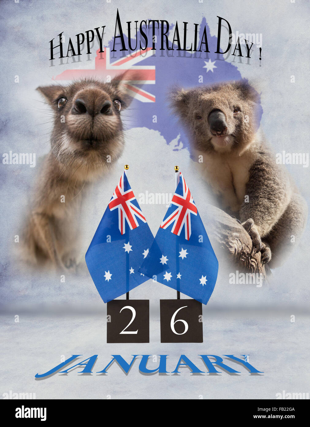 Due Australian desk bandiere, koala e canguri. 26 gennaio l'Australia Day saluti simboli sul calcestruzzo dipinta la texture Foto Stock