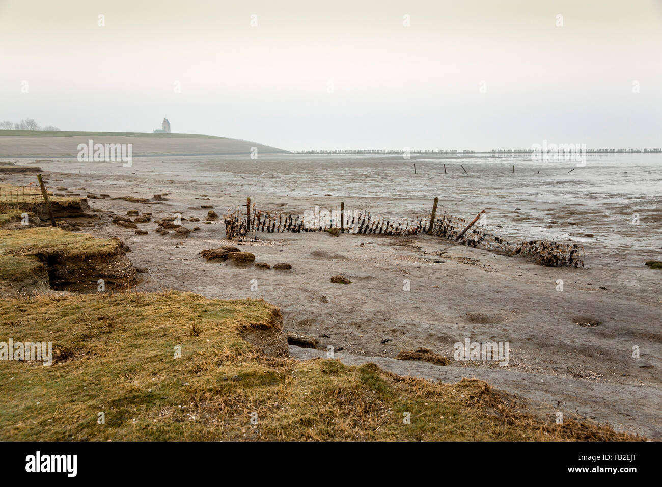 Paesi Bassi, Wierum, Chiesa e mare dike. Appartamenti di fango. Patrimonio di fallito sforzi per recuperare terre dal mare Foto Stock
