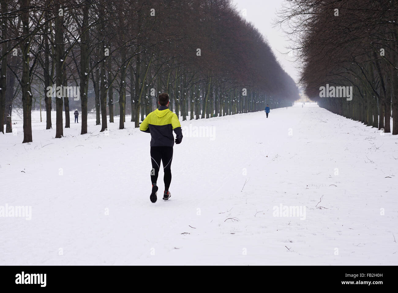 La gente per fare jogging e passeggiate nella neve Foto Stock