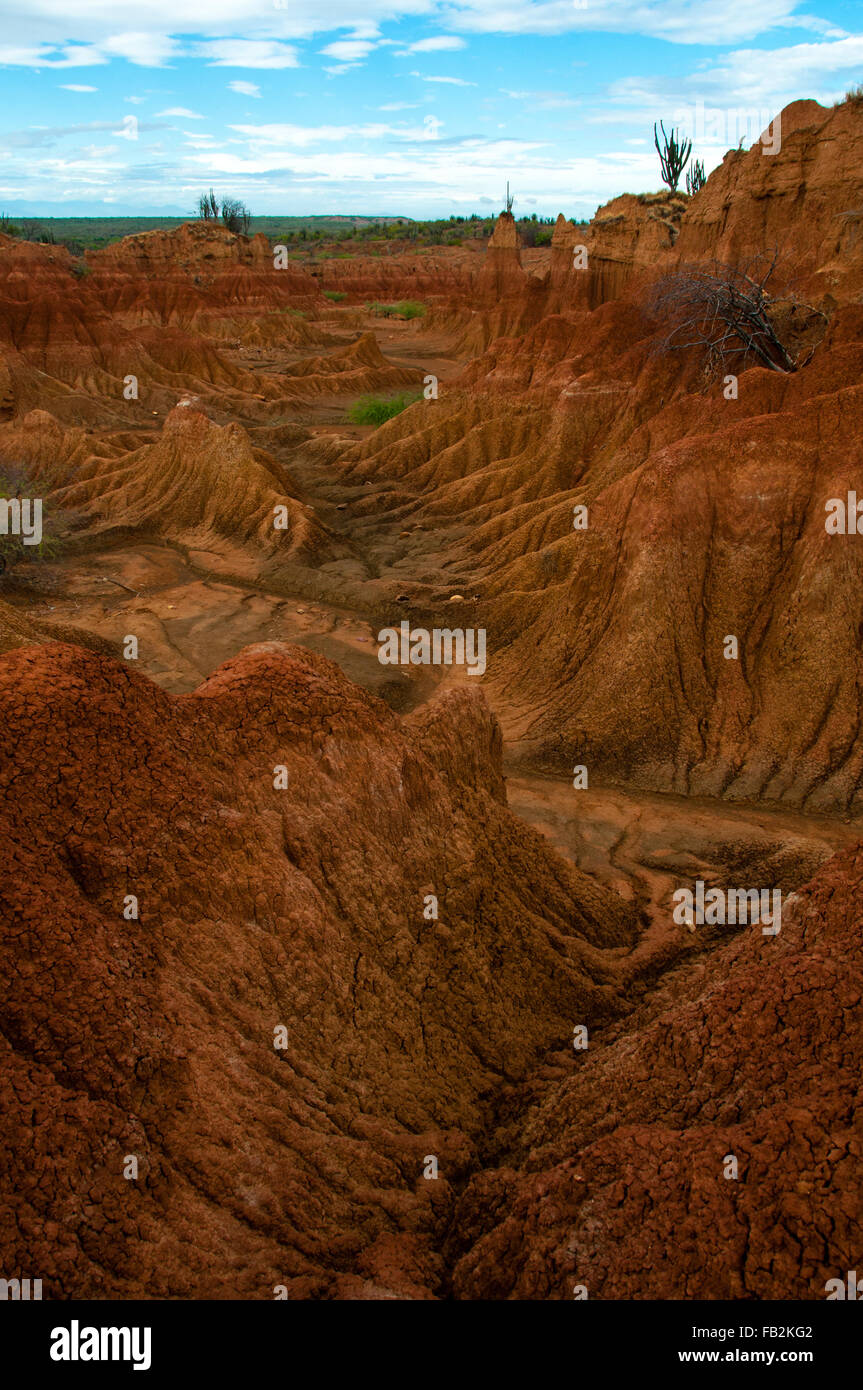 Siccità rosso arancio pietra arenaria rock formazione nel deserto di Tatacoa, Huila Foto Stock